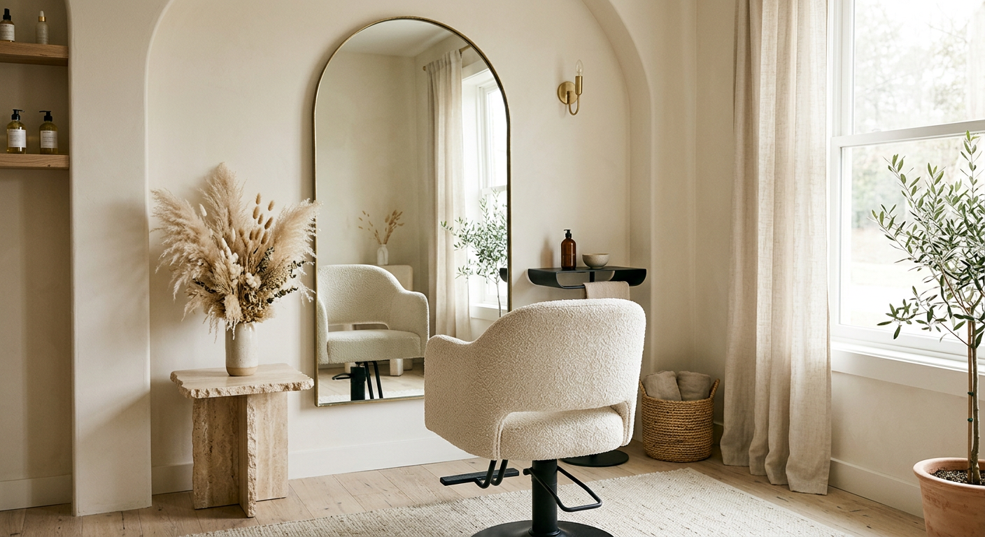 Serene boutique hair studio with a cream styling chair and arched mirror